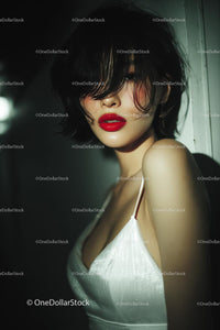 Elegant Woman with Red Lips in Stylish Evening Dress