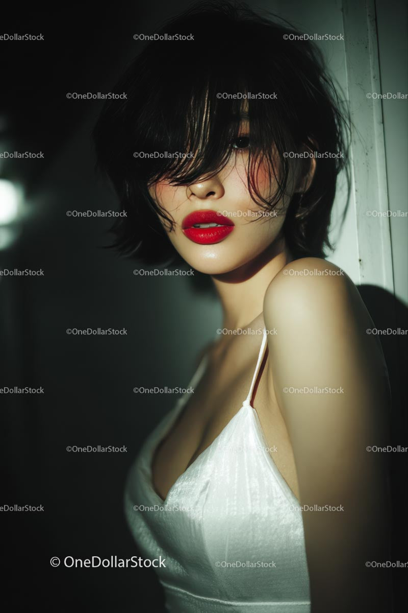 Elegant Woman with Red Lips in Stylish Evening Dress