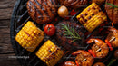 Assorted Grilled Meats and Vegetables with Corn and Shrimp on Barbecue
