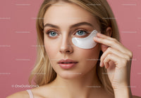 Portrait of a Young Woman Applying Under-Eye Face Patch on Pink Background