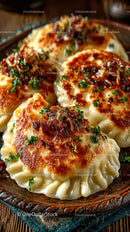 Delicious Fried Potstickers with Soy-Glazed Onion Garnish in a Rustic Bowl