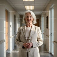 Professional Elderly Woman in Office Corridor with Confident Expression