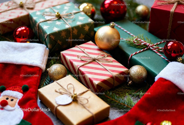 Festive Christmas gifts and decorations with stockings