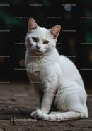 White cat sitting outdoors on paved ground