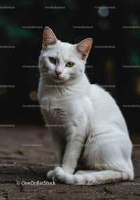 White cat sitting outdoors on paved ground