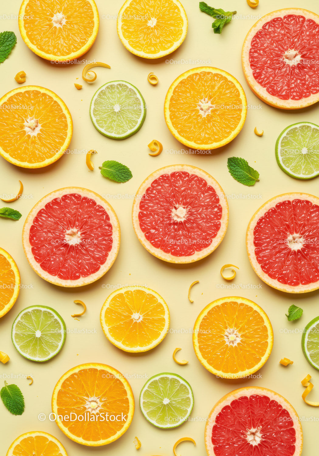 Arrangement of citrus fruit slices with fresh mint leaves