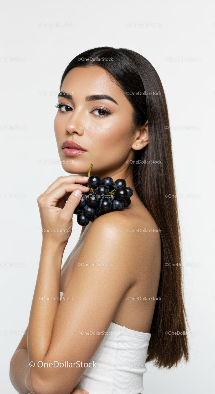 Elegant Woman with Long Brown Hair Holding Black Grapes in Studio