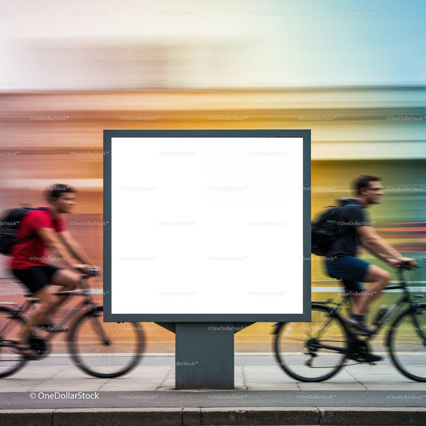 Cyclists Passing by Blank Urban Billboard in Motion JPG Mockup Image