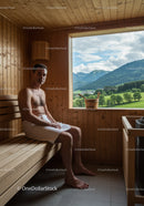 Man Relaxing in Wooden Sauna with Mountain View and Scenic Landscape