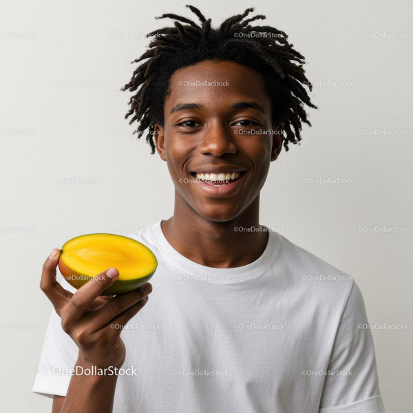 Young Man Holding Mango Smiling Brightly