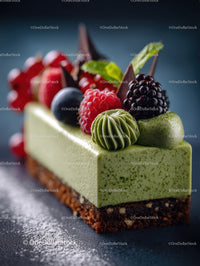 Green Matcha Cake with Chocolate Base and Artistic Garnish