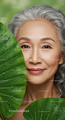 Elderly Woman with Gray Hair and Green Leaves in Natural Outdoor Setting
