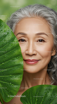 Elderly Woman with Gray Hair and Green Leaves in Natural Outdoor Setting