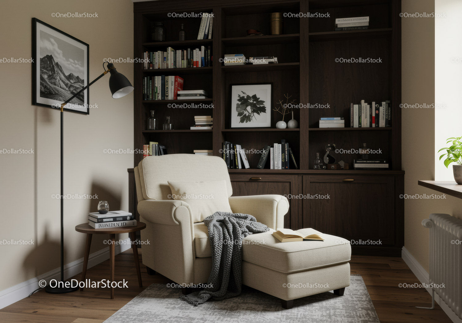 Cozy Reading Nook with Beige Armchair and Bookshelf