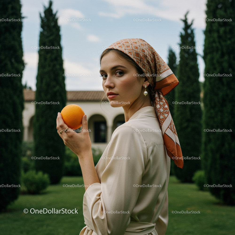 Stylish Woman Holding an Orange in a Bright Outdoor Setting