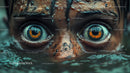 Close-up of a Person with Water and Vibrant Blue-Orange Eyes