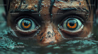 Close-up of a Person with Water and Vibrant Blue-Orange Eyes