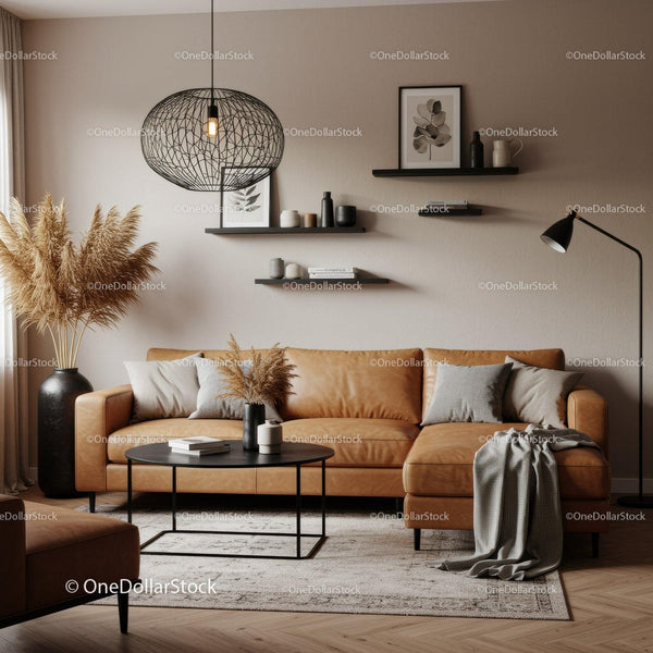 Cozy living room with leather sofa and modern decor