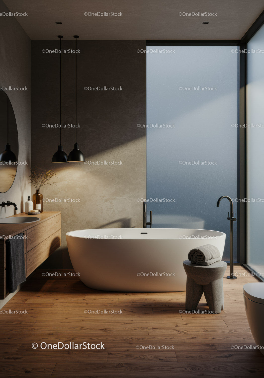 Modern Bathroom with Freestanding Tub and Wooden Flooring