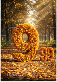 Autumn number nine shaped from orange leaves on path