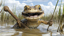 Fierce Amphibian Reptile Emerging from Water in Swamp Scene