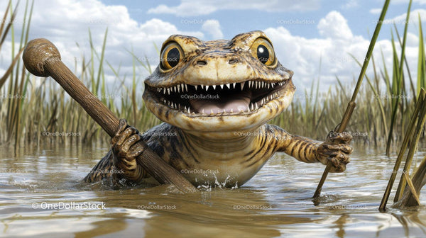 Fantasy Crocodile Holding Wooden Clubs In Water