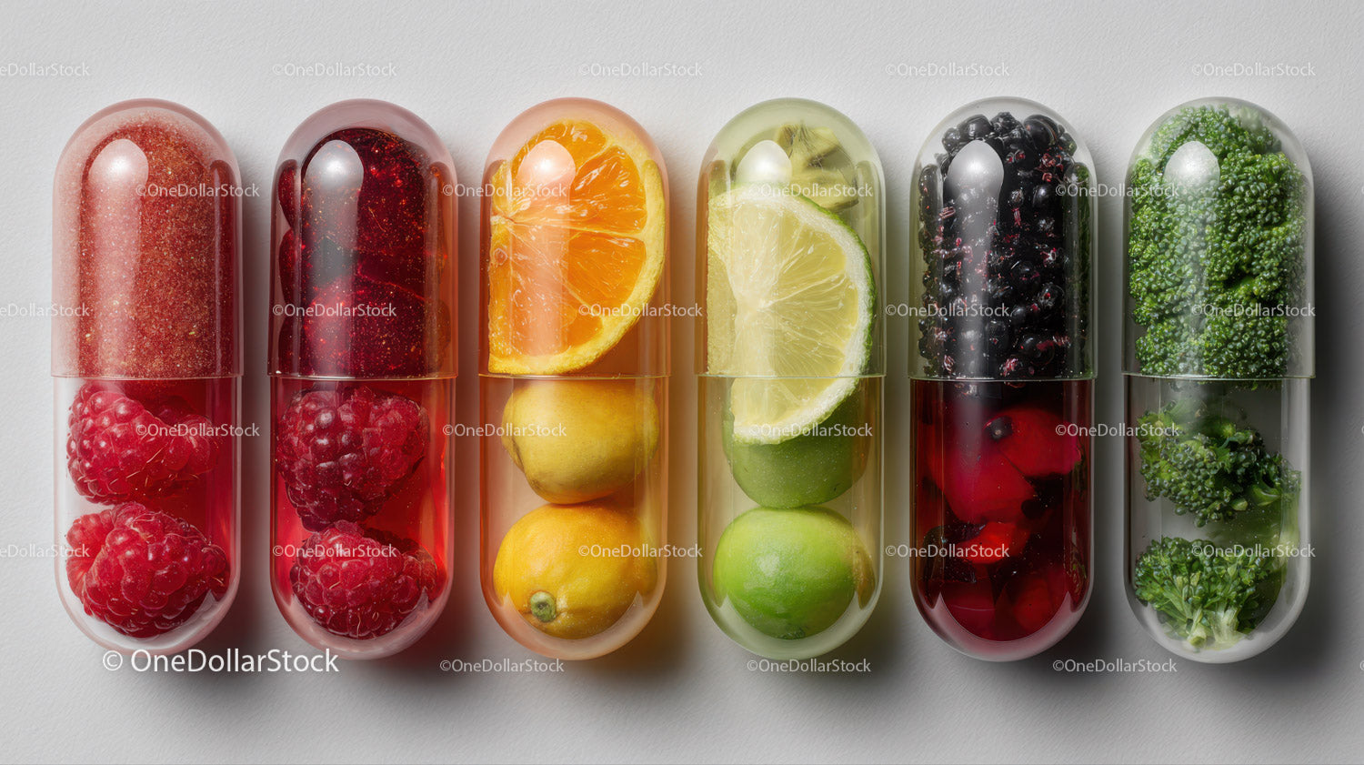 Colorful Assorted Fruit and Vegetable Capsules with Fresh Produce