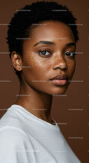 Close-up of a Young African American Woman with Freckles and Short Curly Hair