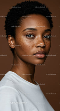 Close-up of a Young African American Woman with Freckles and Short Curly Hair