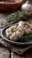 Roasted Garlic Cloves with Rosemary on Rustic Wooden Table