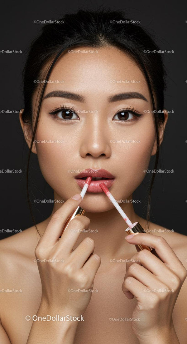 Close-up of a woman applying lip gloss with makeup artist tools