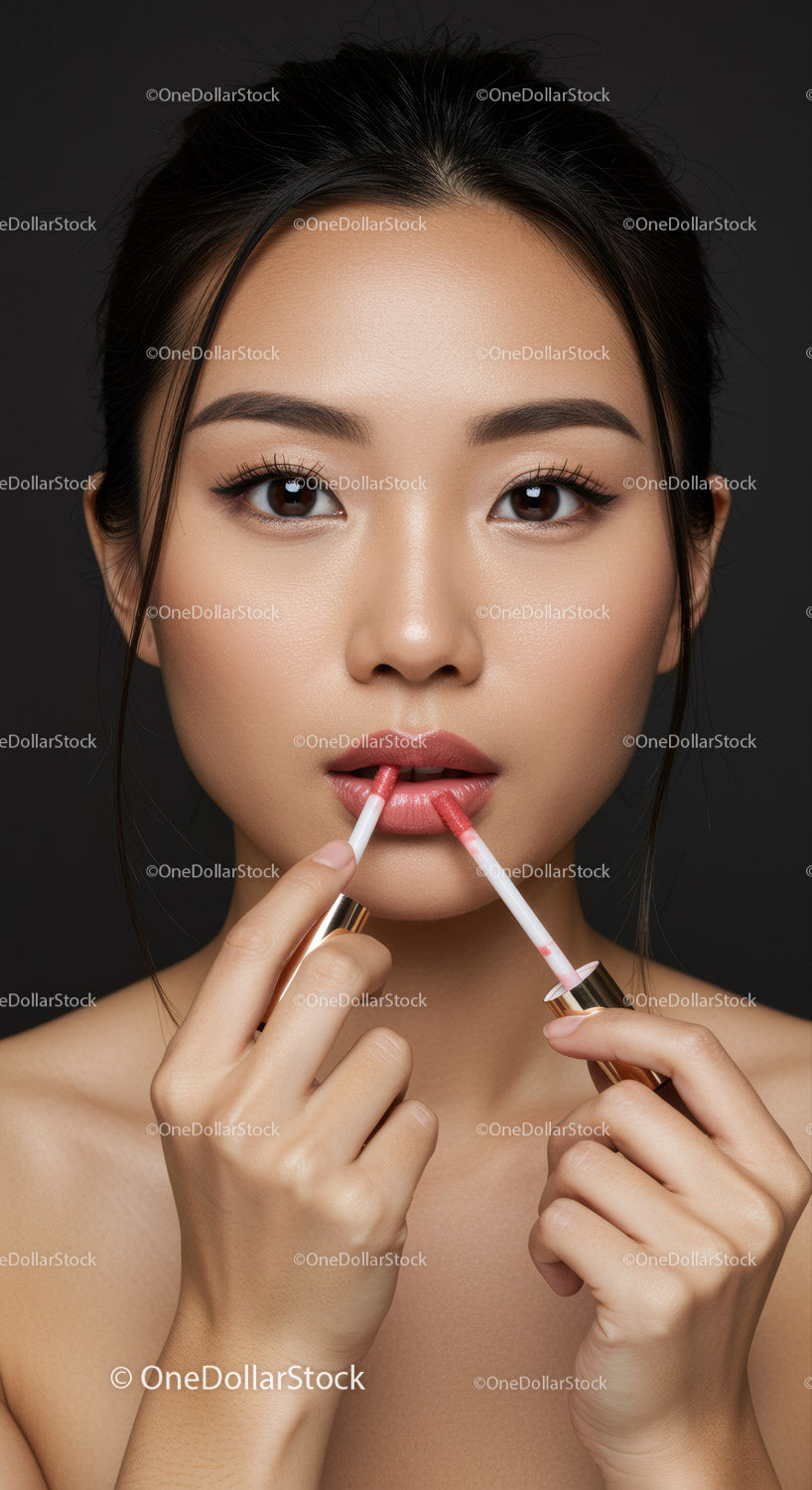 Close-up of a woman applying lip gloss with makeup artist tools