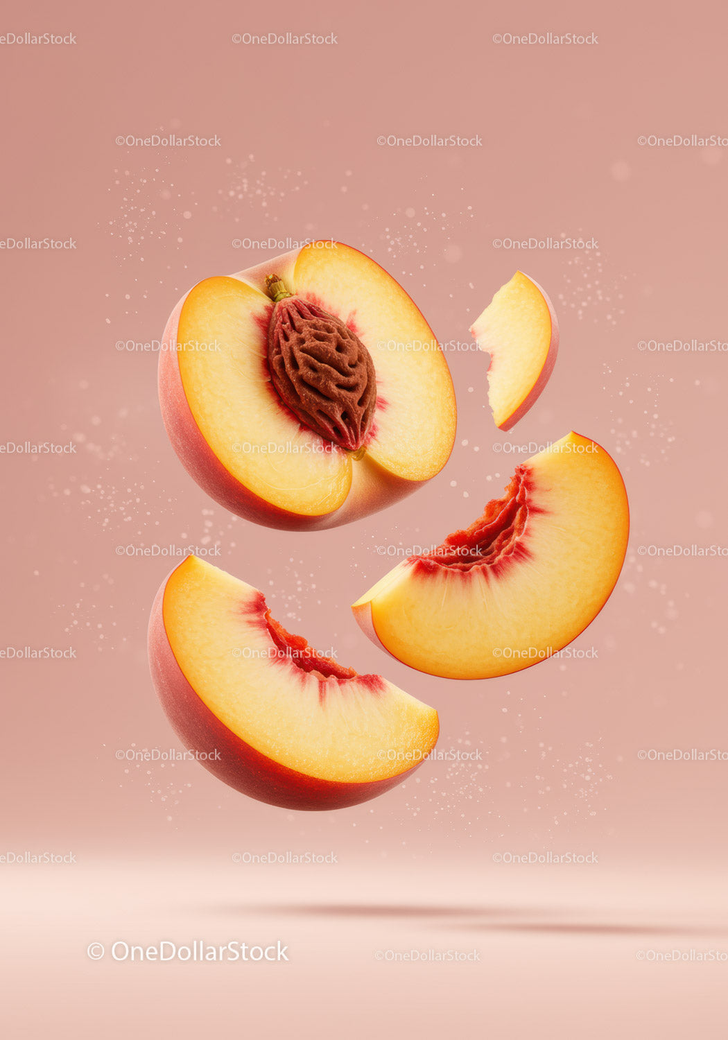 Fresh juicy peach slices with pit suspended