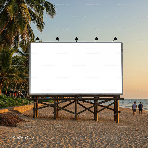 Empty Beach Billboard at Sunset with Palm Trees JPG Mockup Image