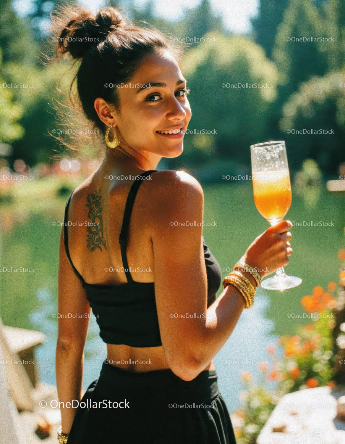 Young Woman Enjoying Summer Outdoors with Cocktail in Hand