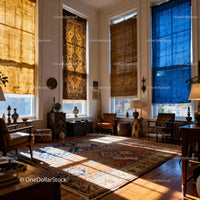 Sunlit living room with vintage rugs and cozy seating