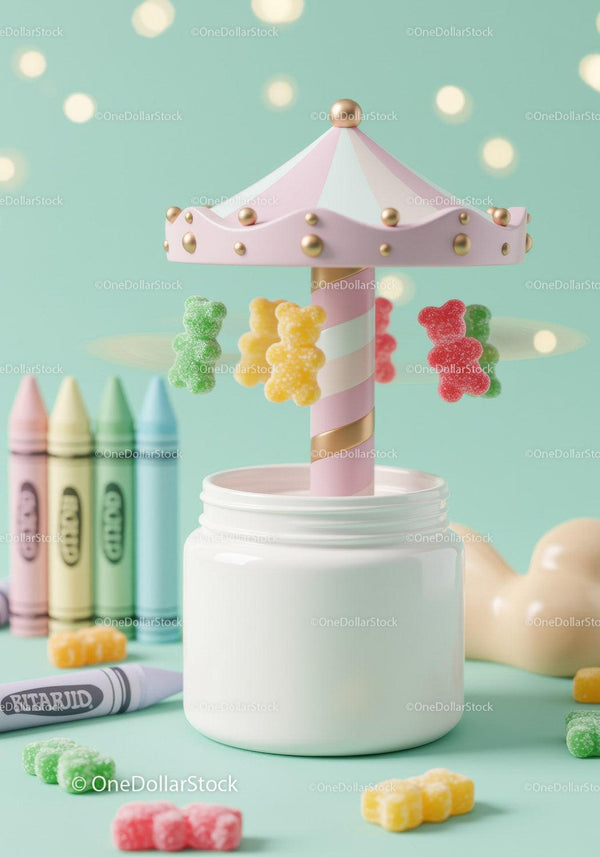 Colorful gummy bears carousel on white jar with crayons JPG Mockup Image