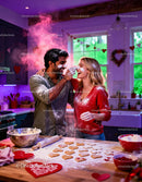 Couple Playfully Baking Heart Cookies for Valentines Day