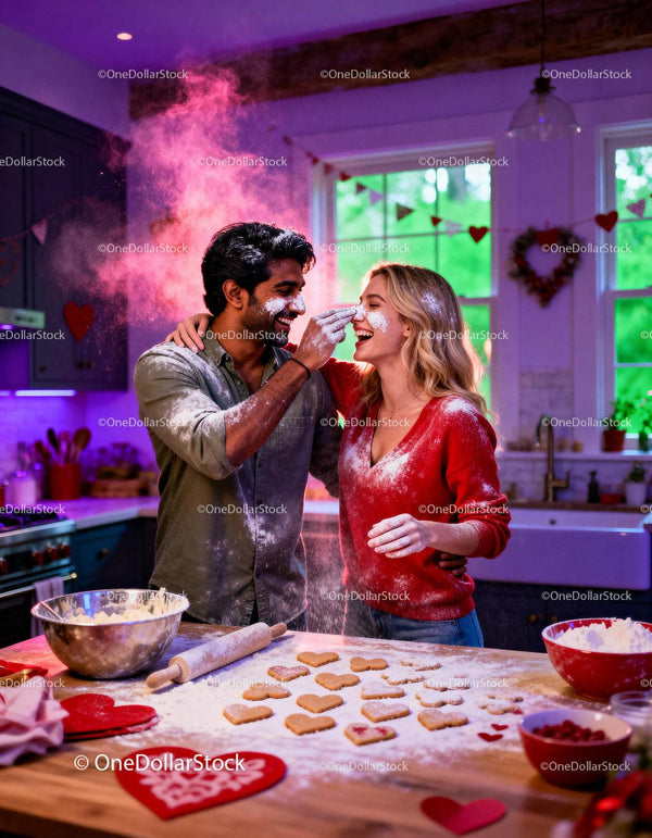 Couple Playfully Baking Heart Cookies for Valentines Day