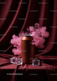 Chilled Soda Can with Pink Smoke and Ice Cubes