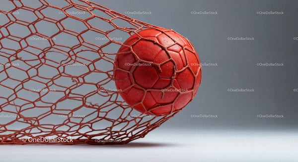 Red Soccer Ball Entrapped in Goal Net for Sports and Recreation