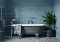 Modern freestanding bathtub in stylish blue bathroom