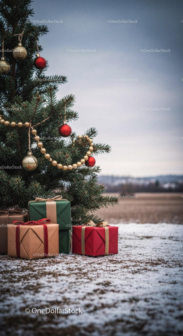 Christmas tree with wrapped gifts on snowy ground