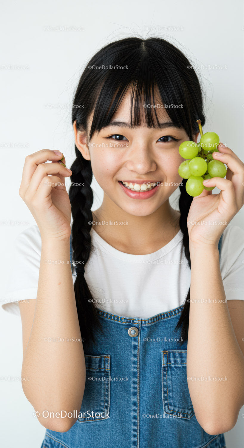 Young Girl Holding Green Grapes with Joyful Smile in Bright Studio