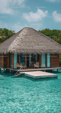 Tropical Overwater Bungalow with Thatched Roof and Clear Turquoise Water