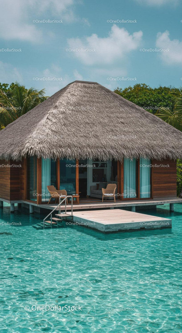 Tropical Overwater Bungalow with Thatched Roof and Clear Turquoise Water