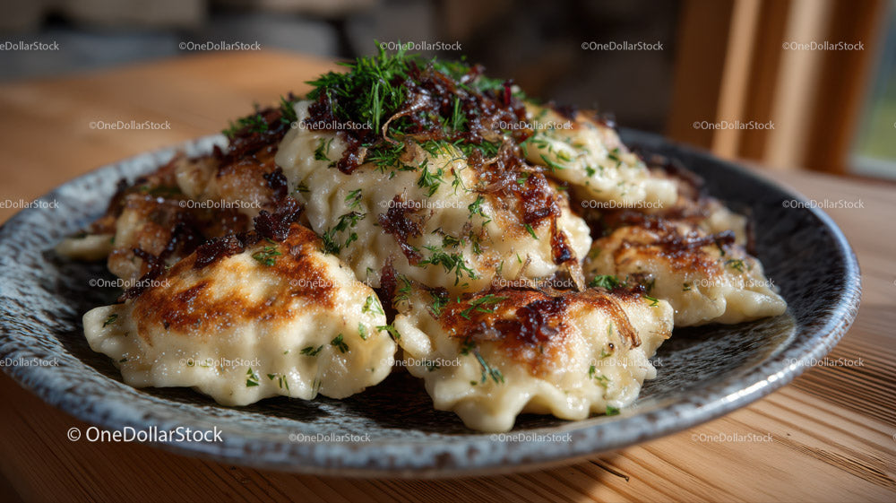 Dumplings with Bacon and Herbs Served in Rustic Bowl