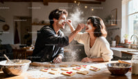 Couple playfully baking heart shaped cookies together