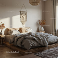 Cozy modern bedroom with natural decor and warm lighting