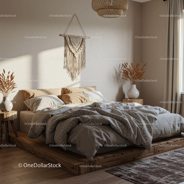 Cozy modern bedroom with natural decor and warm lighting